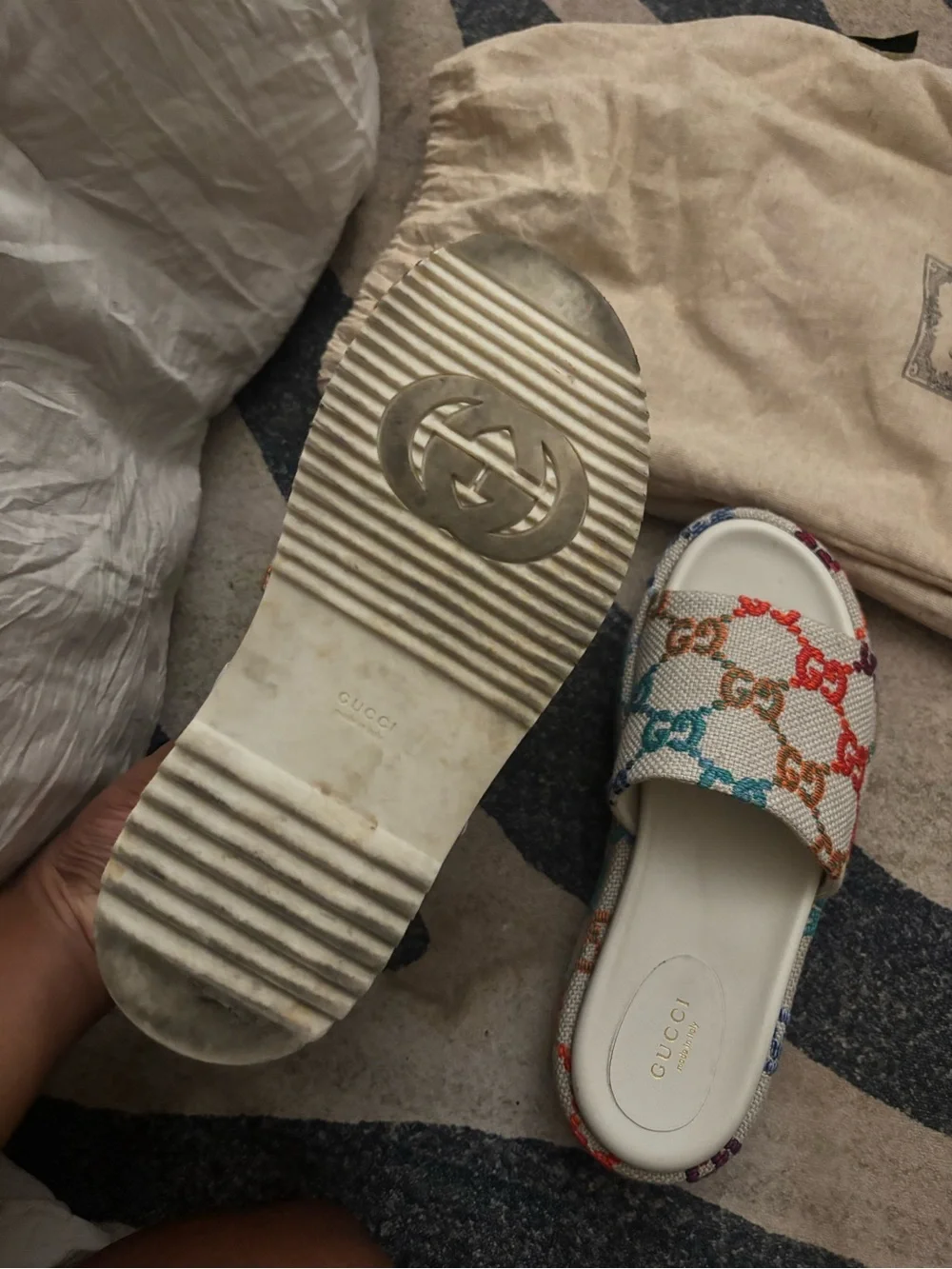 Gucci Multicolor GG Logo Canvas Slide Sandals - White Base